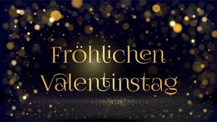 Karte oder Banner für einen fröhlichen Valentinstag in Gold auf schwarzem Hintergrund mit goldfarbenen Kreisen im Bokeh-Effekt