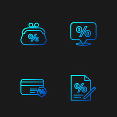 Set line Finance document, Discount card with percent, Purse money and tag. Gradient color icons. Vector