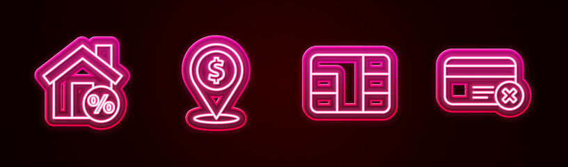 Set line House with percant discount, Cash location, Credit card chip and remove. Glowing neon icon. Vector