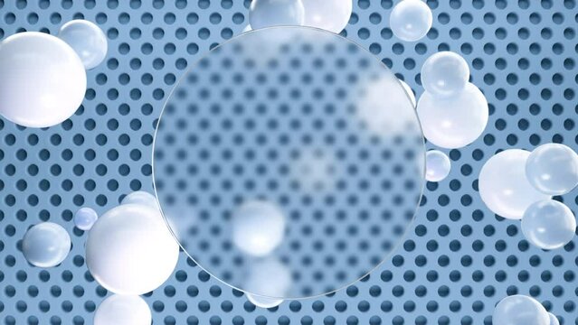 Frosted circle glass for inscriptions or logos with blue round spheres on a background of blue 3D round grid on the wall. Abstract rendering of intro video. Seamless looping animation.