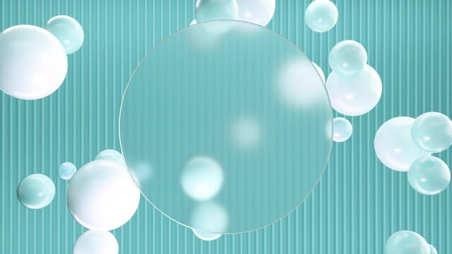 Frosted circle glass for inscriptions or logos with light pastel blue round spheres on a background of cayan 3D lines on the wall. Abstract rendering of intro video. Seamless looping animation.