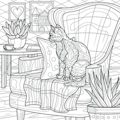  Cat on the armchair.Interior.Coloring book antistress for children and adults. Illustration isolated on white background.Zen-tangle style. Hand draw