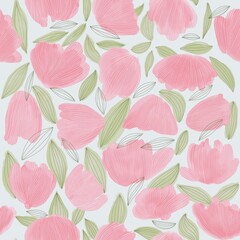 Seamless pattern with abstract flowers in soft pastel pink color and green leaves. Fresh feminine spring illustration with tulips. For wallpapers, textile design, wedding decorations and invitations.