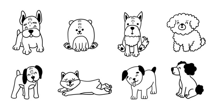 Pretty dog set. Funny puppy linear sketches. Vector dogs illustration for print, stickers, printing on T-shirts