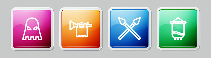 Set line Executioner mask, Trumpet with flag, Crossed medieval spears and Medieval. Colorful square button. Vector