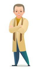 Little boy in autumn cloak. Teen in warm clothes for rain. Cheerful person. Standing pose. Cartoon comic style flat design. Single character. Illustration isolated on white background. Vector