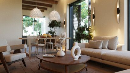Country villa. 3D render. Interior visualization. Illustration.