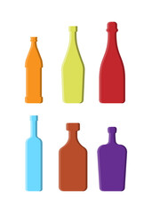 Set drinks. Alcoholic bottle. Beer vermouth red wine vodka rum liquor. Simple shape isolated with shadow and light. Colored illustration on white background. Flat design style