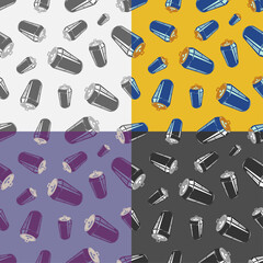 Set of SEAMLESS patterns with open aluminum can. Ornates for decoration and printing on fabric. Design element. Vector