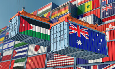 Freight containers with Australia and Jordan national flags. 3D Rendering 