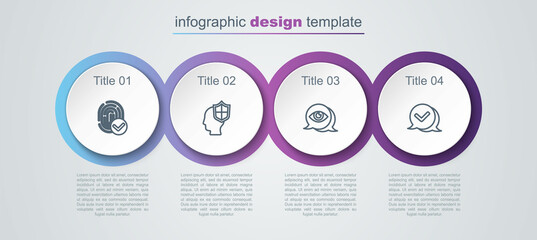 Set line Fingerprint, Head with shield, Eye scan and Check mark speech bubble. Business infographic template. Vector