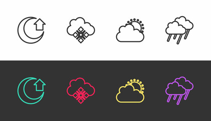 Obraz premium Set line Moon, Cloud with snow, Sun and cloud weather and rain on black and white. Vector