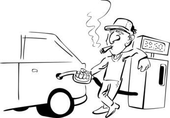 A man smoking a cigarette is standing at a gas station refueling his car

