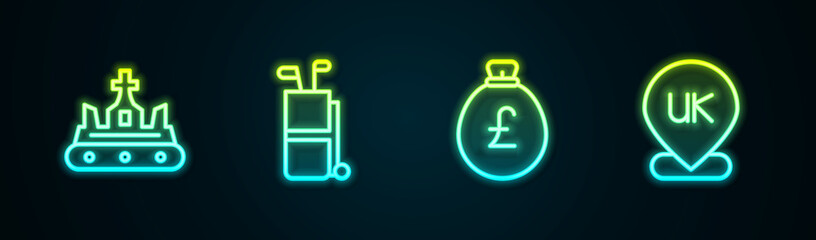 Set line British crown, Golf bag with clubs, Money pound and Location England. Glowing neon icon. Vector