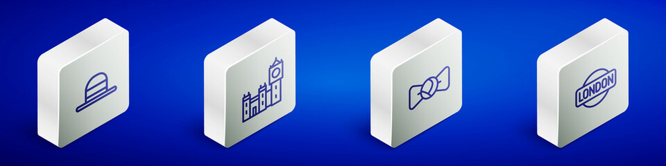 Set Isometric line Elegant women hat, Big Ben tower, Bow tie and London sign icon. Vector