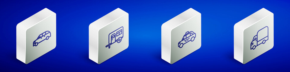 Set Isometric line Hatchback car, Rv Camping trailer, Taxi and Delivery cargo truck icon. Vector