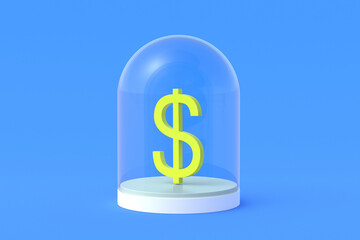 Money storage. Presentation of the new banknote design. Investment protection concept. Delivery of the prize. Deposit insurance. Financial aid. Dollar symbol in glass dome. 3d render