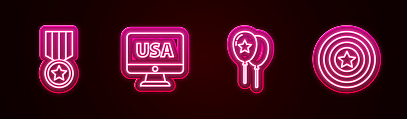Set line Medal with star, USA on monitor, Balloons and American shield. Glowing neon icon. Vector