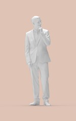 3D rendering of a casual business man front view. Thinking consider doubting posture. Computer render model isolated silhouette.