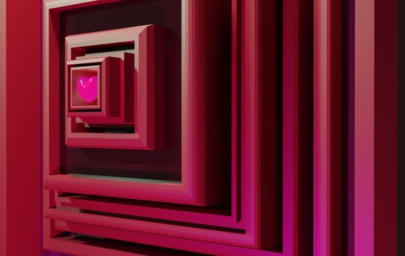 Love and romantic concept idea art. surreal painting. Conceptual 3d rendering illustration of a pink heart . Valantine background. 