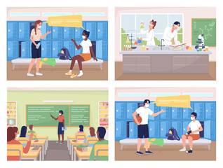 High school classes flat color vector illustration set. Chemistry laboratory. Changing room. Students on lessons and breaks 2D cartoon characters with room interiors on background collection