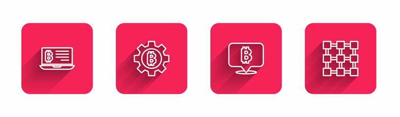 Set line Mining bitcoin from laptop, Cryptocurrency Bitcoin, and Blockchain technology with long shadow. Red square button. Vector