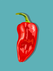 Red juicy bell pepper with green stem for cooking recipes.