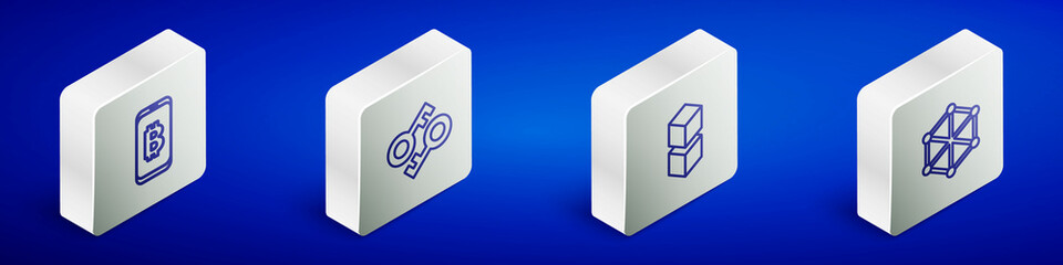 Set Isometric line Mining bitcoin from mobile, Cryptocurrency key, Blockchain technology and icon. Vector