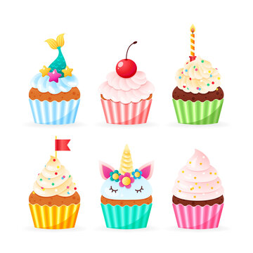 Set of cartoon cupcake icons. Illustration of birthday cupcakes decorated with cream, sprinkles and candle. Vector 10 EPS.