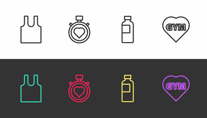 Set line Sleeveless T-shirt, Heart in the center stopwatch, Fitness shaker and gym heart on black and white. Vector