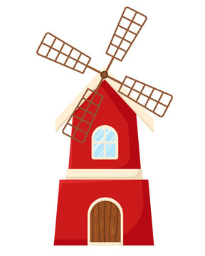 Red windmill in cartoon style on isolated on white background. Agricultural building, rural lifestyle concept for children's books or posters.