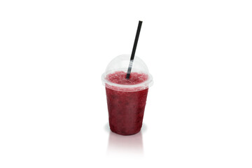 Slushie in a plastic drinking cup with straw and dome lid on a white background
