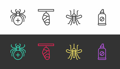 Set line Spider, Butterfly cocoon, Mosquito and Spray against insects on black and white. Vector