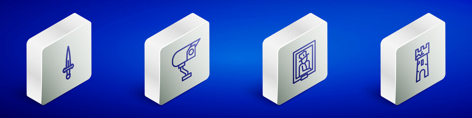 Set Isometric line Dagger, Security camera, Portrait in museum and Castle tower icon. Vector