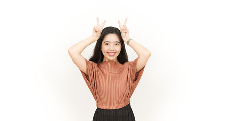 Naklejka premium Showing Peace Sign Of Beautiful Asian Woman Isolated On White Background