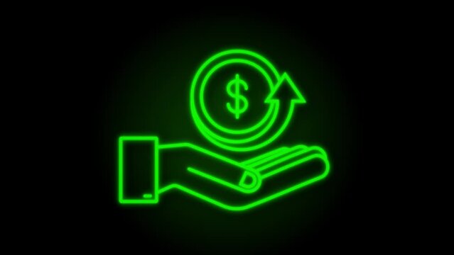 Neon Cash back coin icon with hand. Cash back or money refund label. motion graphic