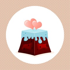 Cake covered with icing with two hearts, vector illustration
