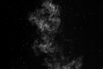 White vertical steam, smoke isolated on black background. A piece of curly curving smoke to overlay on your photos. Abstract steam background