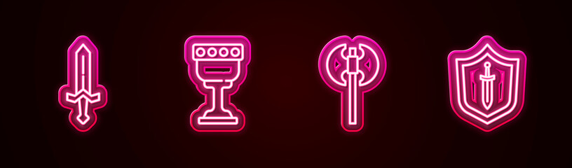 Set line Medieval sword, goblet, axe and shield with. Glowing neon icon. Vector