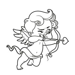 Cute cartoon cupid archer shoots from a bow outlined for coloring on white background