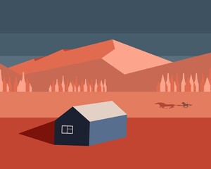 Vector image of nature. Image of a house in the mountains.