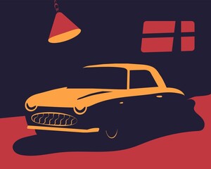 Vector image of an retro car. Vintage machine under lamp lighting. Vintage vector poster.