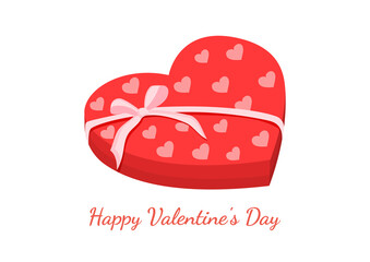 Red box in the shape of a heart with a pink bow for sweets. Vector illustration of gift wrapping for postcards, textiles, decor, poster, banner. Greeting card for Valentine's Day and other holidays.
