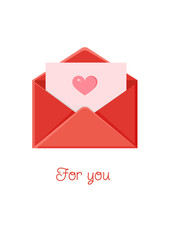 Greeting card with an envelope. Love message. Love letter for Valentine's Day for poster, print, holiday card.