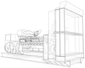 Diesel generator engine. EPS10 format. Wire-frame.