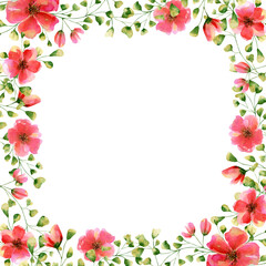 Square watercolor frame with roses flowers and branches. Floral border with red and green plant for wedding invitations, banners