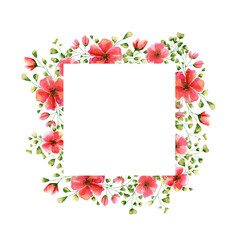 Square frame with roses flowers and branches. Watercolor floral border, banner with red and green plant for invitations