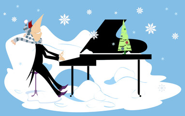 Obraz premium Winter piano concert illustration. Smiling pianist man is playing music under the falling snow