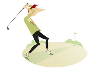 Cartoon golfer man on the golf course illustration. Smiling golfer man aiming to do a good kick isolated on white