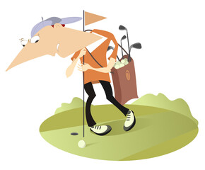 Cartoon tired golfer with a golf bag holds the golf flag	